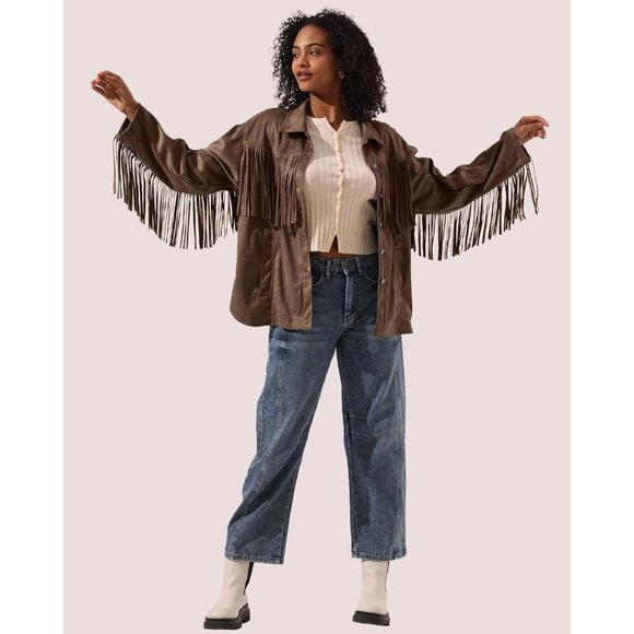 Women's Faux Suede Fringe Jacket Vintage Western Cowgirl Tassel Jackets Coffee - Picture 3 of 7